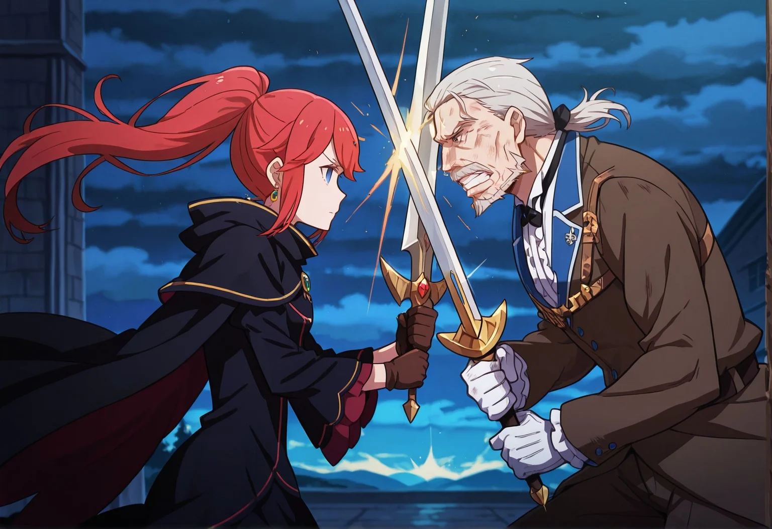 masterpiece, best quality, newest, absurdres, highres, detailed eyes, beautiful, detailed background, perfect eyes, anime coloring, anime screencap,
2person, fighting, hetero,
SwordClash, sword, holding sword, from side,
<lora:SwordClashIL-000019:0.5>
night,outdoors,
BREAK
2person, fighting, hetero,
SwordClash, sword, holding sword, from side,
<lora:Theresia_van_Astrea_r1:1>Theresia_van_Astrea,
blue eyes,ponytail,red hair, long sword,
cloak,parody,jewelry,bangs, black dress,empty eyes,
t_theresia,expressionless, holding weapon, black cape,
BREAK
2person, fighting, hetero,
SwordClash, sword, holding sword, from side,
teeth, sad,
old_Wilhelm,weapon,sword,
male focus,facial hair,
beard,mustache,old,suit,
gloves,old_wilhelm,
