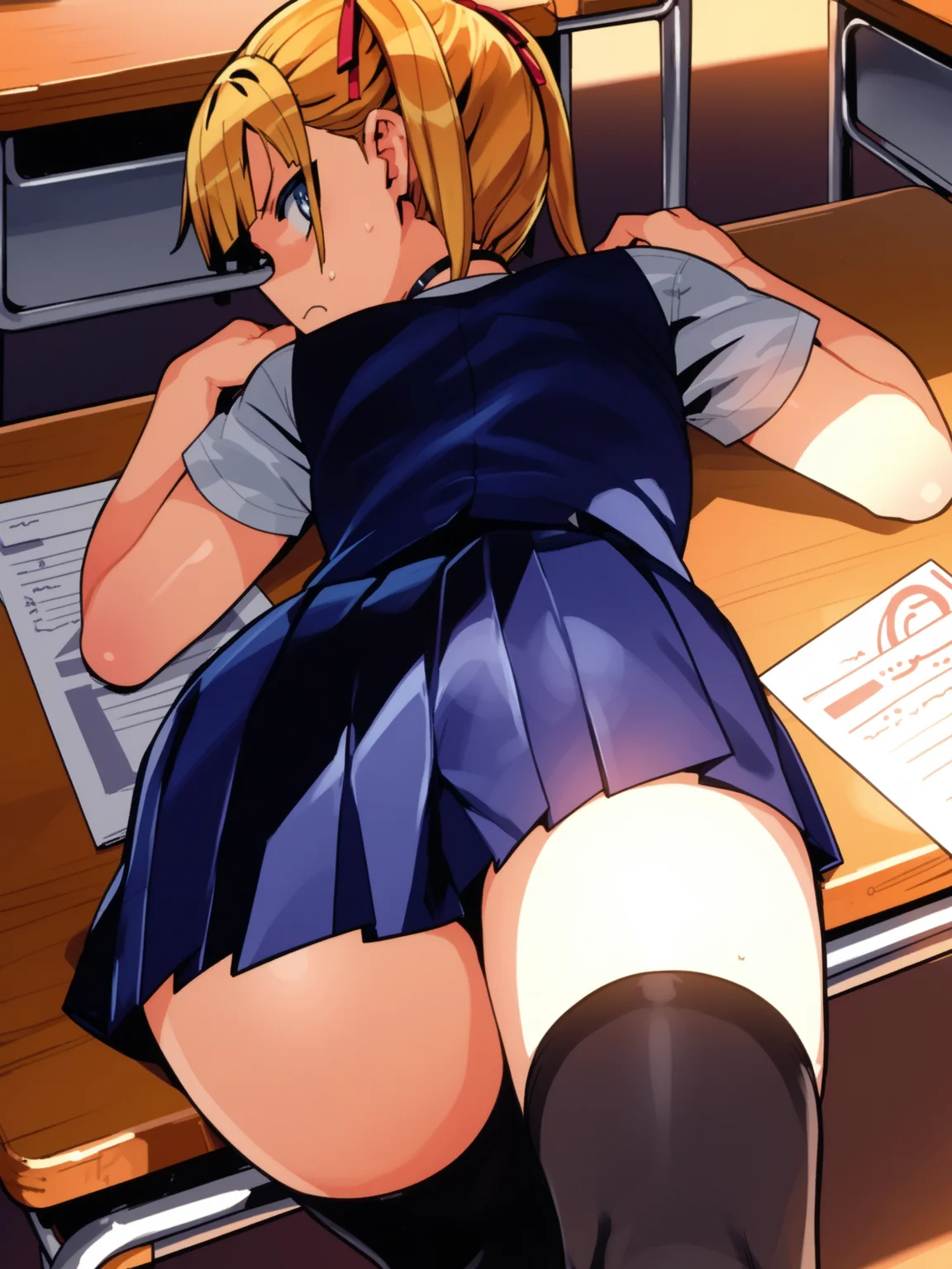 <lora:happy_tentacle-rina-v0.3-000034:1>, ht_rina, school uniform, blue vest, short sleeves, blue skirt, pleated skirt, miniskirt, black thighhighs, hair ribbon, red ribbon, black choker, classroom , 1girl, solo, portrait , , ((wavy mouth:0.8) :1), , , lying , from behind , score_9, score_8_up, score_7_up, score_6_up, score_5_up, score_4_up