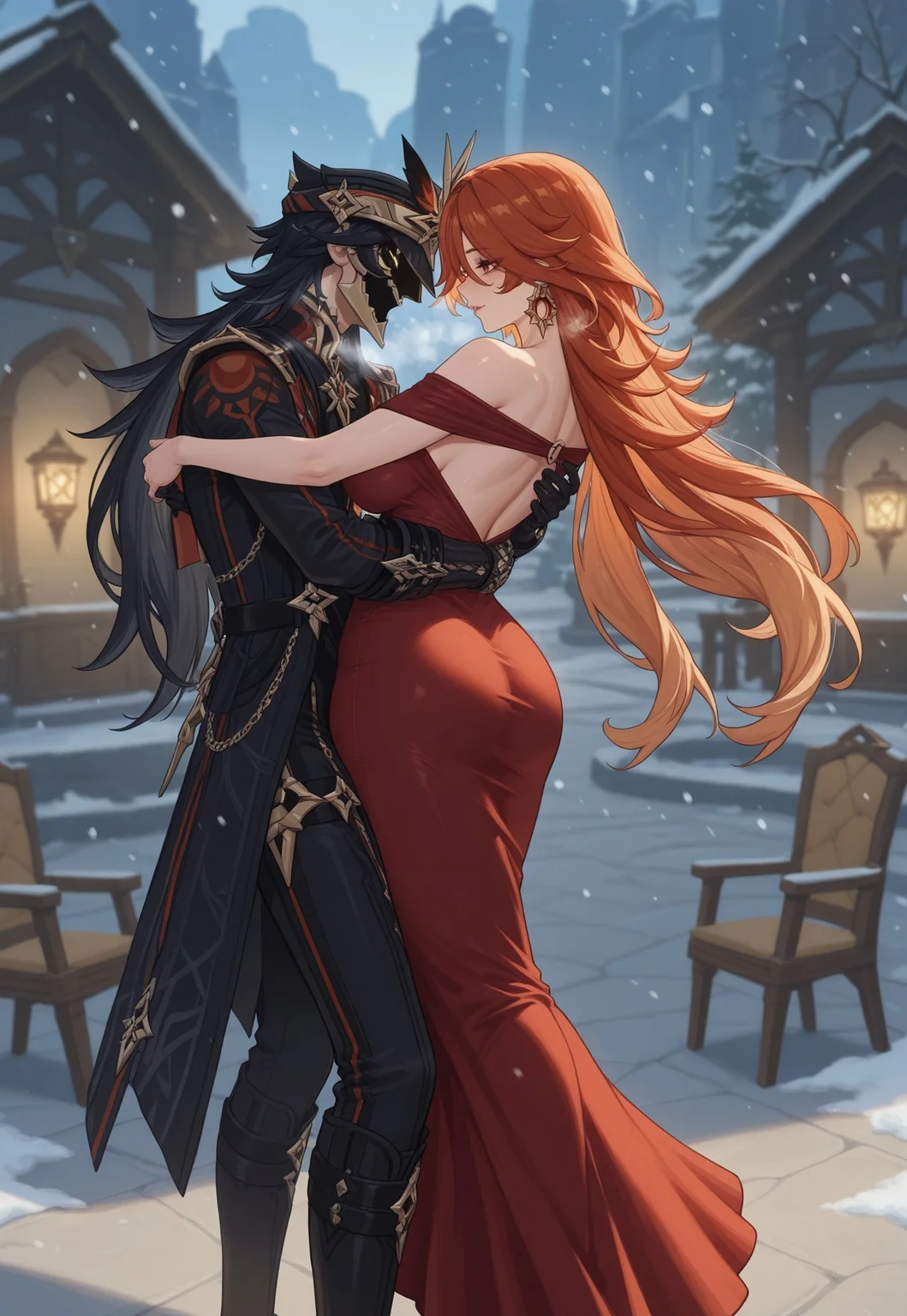 duo, 1girl, mavuika\(genshin impact\), (mature female:1.5), high detailed eyes, high definition eyes, multiple viewssmug, masterpiece, (best quality:1.8), (amazing quality:1.8), (((red dress))), ((bare shoulsder)), ((hatless)), outside, snowing, plain, dancing, ((dancing))
BREAK
1man, Capitano (/Genshin impact/), black hair, long hair , chair, hat, helmet , detailed picture, stocky build,