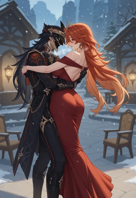 duo, 1girl, mavuika\(genshin impact\), (mature female:1.5), high detailed eyes, high definition eyes, multiple viewssmug, masterpiece, (best quality:1.8), (amazing quality:1.8), (((red dress))), ((bare shoulsder)), ((hatless)), outside, snowing, plain, dancing, ((dancing))
BREAK
1man, Capitano (/Genshin impact/), black hair, long hair , chair, hat, helmet , detailed picture, stocky build,