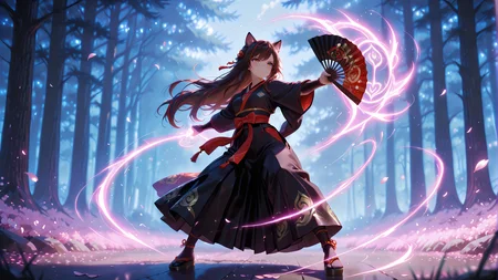 A fierce and elegant catgirl warrior wielding a beautifully decorated folding fan, standing in a dynamic fighting stance. Her feline ears perk up as her long, flowing hair moves with the wind. She wears a stylish, intricate outfit blending traditional Japanese and fantasy elements, adorned with silk embroidery. Hair accessory, Motion effects enhance the sense of speed and power, petals swirling around her, The background is blurred with a hint of a battlefield or dojo, adding depth. Ultra-detailed, high-quality rendering with sharp lighting and shadows, emphasizing the drama of the scene, wind-swept kimono,  full body, flowing hair, depth of field, motion lines, motion_lines, very aesthetic,fan engulfed in energy,streaked bangs, <lora:eye_focus:1> eye_focus <lora:CatgirlStyle:1> CatGirlStyle   <lora:WeaponSpellBindIL:0.42> spell bind   <lora:YaeMikoFox:1> YaeMikoFox