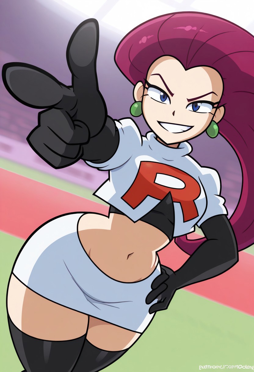 , beautiful shadows,cartoony style,high res, extremely detailed, beautiful lighting, pokemon training field, 1girl, jessie \(pokemon\), long hair, hair slicked back,team rocket uniform, navel, black crop top, white jacket, black gloves, miniskirt, black thighhighs, dynamic angle, smirk, pointing at viewer, pokeball