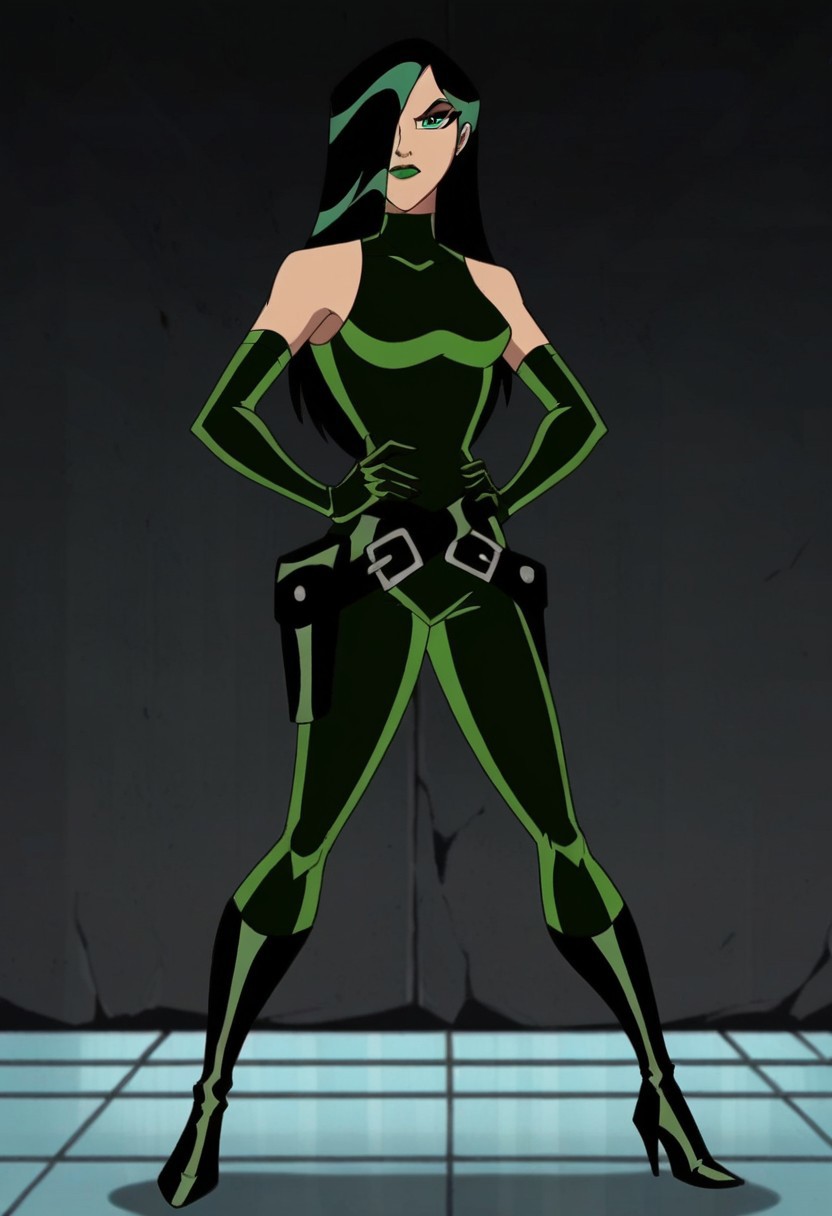 1girl, score_9, score_8_up, score_7_up, masterpiece, high quality, western cartoon, neon lighting, very detailed, depth of field, cinematic illumination, volumetric lighting, full color picture, vibrant colors, solo, alone, cute face,
emhviper, green hair, hair cover one eye, green lips, green bodysuit, green gloves, black belt, black boots, makeup, two-tone hair, multicolored hair, elbow gloves,
standing, facing forward, full body, hands on hips, serious, closed mouth, looking at viewer,