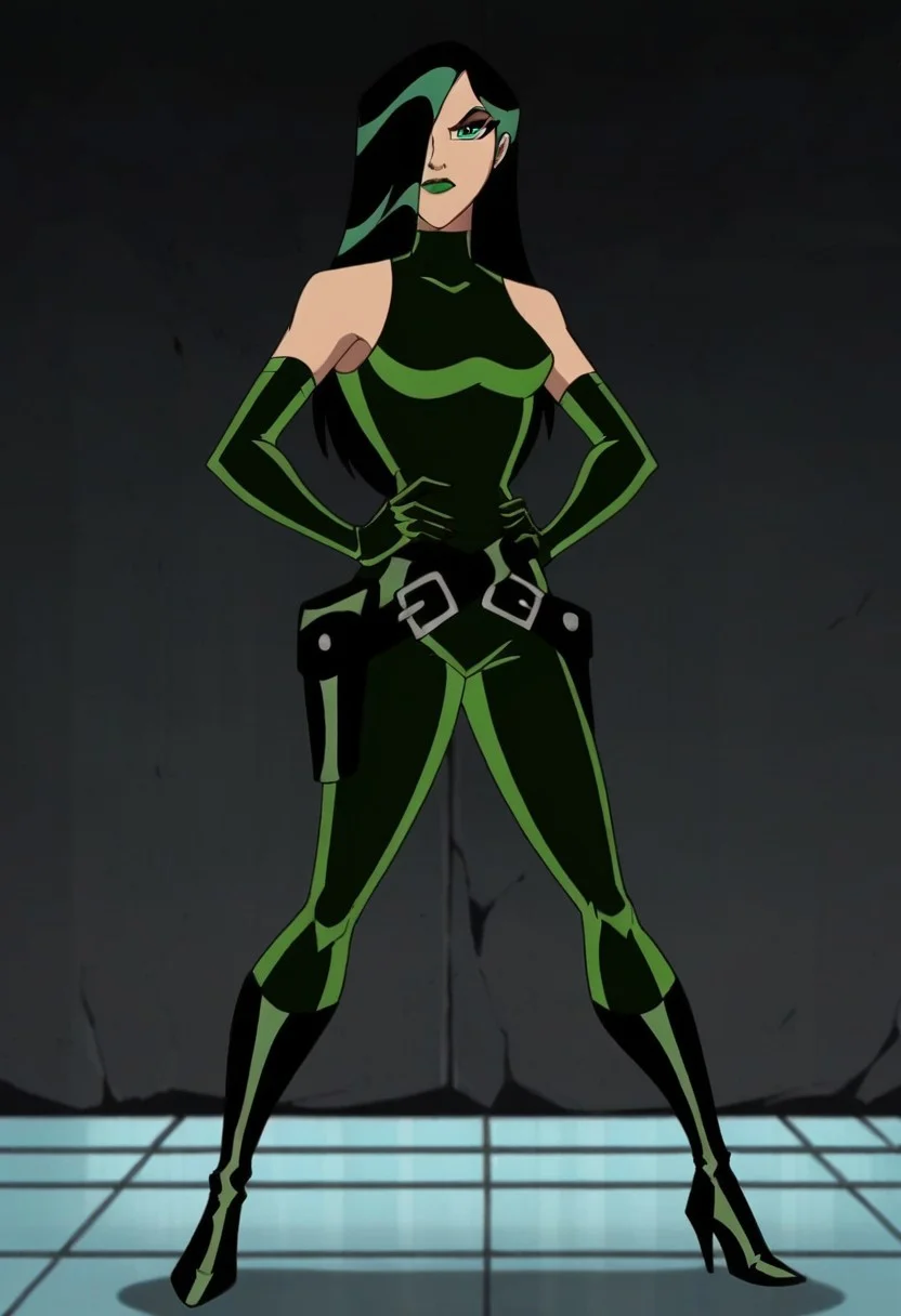1girl, score_9, score_8_up, score_7_up, masterpiece, high quality, western cartoon, neon lighting, very detailed, depth of field, cinematic illumination, volumetric lighting, full color picture, vibrant colors, solo, alone, cute face,
emhviper, green hair, hair cover one eye, green lips, green bodysuit, green gloves, black belt, black boots, makeup, two-tone hair, multicolored hair, elbow gloves,
standing, facing forward, full body, hands on hips, serious, closed mouth, looking at viewer,