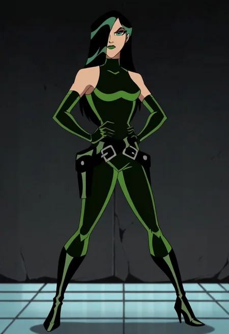 1girl, score_9, score_8_up, score_7_up, masterpiece, high quality, western cartoon, neon lighting, very detailed, depth of field, cinematic illumination, volumetric lighting, full color picture, vibrant colors, solo, alone, cute face,
emhviper, green hair, hair cover one eye, green lips, green bodysuit, green gloves, black belt, black boots, makeup, two-tone hair, multicolored hair, elbow gloves,
standing, facing forward, full body, hands on hips, serious, closed mouth, looking at viewer,