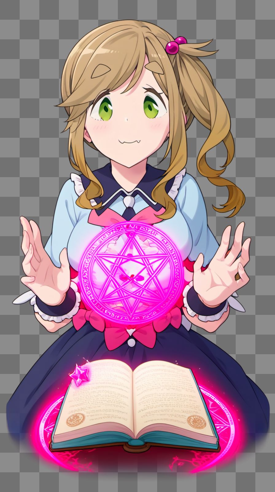 score_9, score_8_up, score_7_up,   inuyama_aoi, yurucamp, mediam_hair, breasts, bangs, brown_hair, hair_ornament,, side_ponytail, swept_bangs, thick_eyebrows, hair_bobbles, skin_fang, green eyes , fang, magical girl, magic circle,glowing effect, book of magic, <lora:lora_XL_yurucamp_inuyama_aoi_v3_pagedAdamW8bit_d32a16:1.0:lbw=NP3XL>