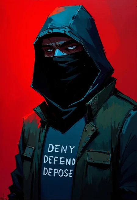 oil painting portrait rendered in a loose, impressionistic style with thick, expressive brush strokes. It depicts a hooded man masked with a black scarf, wearing dark green surplus jacket at night time, darkness, dim light, simple background, red background, noir style high contrast two color lighting, neon red directional light, blue contrast light, "DENY DEFEND DEP0SE" are written in white on his shirt