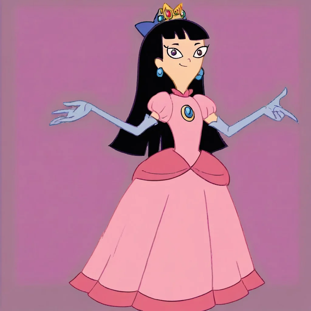 1girl, solo, Stacy, black hair, long hair, blunt bangs, purple hair bow, purple wrist bracelet, princess make up, p34ch3s-dress, cosplay, crown, blue earrings, jewelry, pink dress, elbow gloves, white gloves, Very long large floor length wide straight tulle long sleeved ball gown hoop skirt, ball gown hoop skirt, princess dress, hoopdress, white pearl necklace, long elbow length princess gloves, my big princess gypsy wedding dress, ballgown, a girl in a dress posing like a princess for a picture, looking at viewer, pretty eyes, she is posing, hands on hips