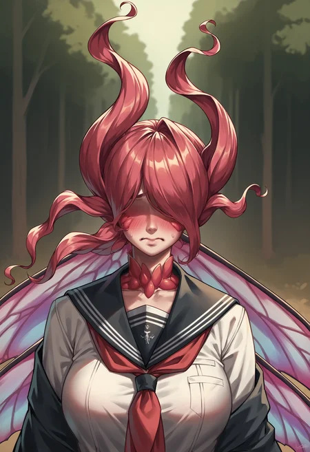 score_9, score_8_up, score_7_up, score_6_up, score_5_up, score_4_up, 1girl, <lora:RominaV2:0.8> solo, large breasts, eyeless, faceless, monster girl, wings, butterfly wings, upper body, front view, embarrassed, wearing seifuku, sailor outfit,
(forest background), outdoors,