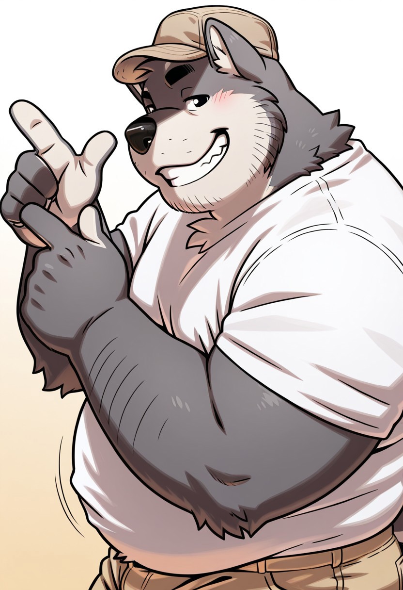 detail background, solo, dark brown gradient background, 1boy, anthro dog, grey fur, two tone fur, black eyebrows, black eyes, short ears, furry, male, fluffy tail, two tone tail, big belly, chubby, fat, overweight, white t-shirt, brown shorts, brown cap, BREAK face focus, face close-up, legs out frame, upper body, double finger gun, looking at viewer, high angle, side view, showing teeth, grinning, grin
