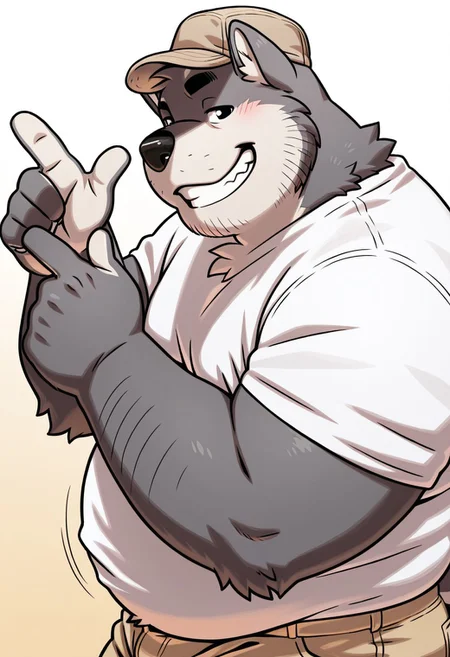 detail background, solo, dark brown gradient background, 1boy, anthro dog, grey fur, two tone fur, black eyebrows, black eyes, short ears, furry, male, fluffy tail, two tone tail, big belly, chubby, fat, overweight, white t-shirt, brown shorts, brown cap, BREAK face focus, face close-up, legs out frame, upper body, double finger gun, looking at viewer, high angle, side view, showing teeth, grinning, grin