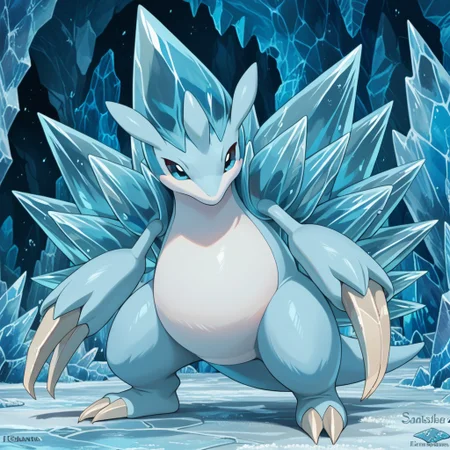 score_9, score_8_up, score_7_up, score_6_up, source_anime, A_Sandslash, solo, feral, pokemon (creature), light blue body, white belly, white snout, black eyes, long claws, spikes, thick tail, full body, looking at viewer, standing, ice, cave background,