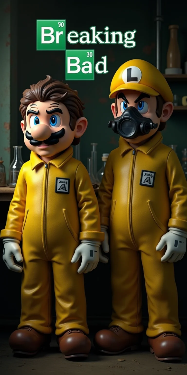 Create an image of Mario and Luigi from the iconic video game series dressed in outfits inspired by Walter White and Jesse Pinkman from 'Breaking Bad.' Mario is wearing Walter White's signature yellow hazmat suit and a black hat, with a stern expression reminiscent of Walter’s determined look. Luigi, in contrast, is dressed in a matching hazmat suit with a hood and gas mask, reflecting Jesse Pinkman’s rugged style. The background is a gritty, industrial setting, perhaps a makeshift lab with beakers and flasks, adding to the 'Breaking Bad' theme. The overall scene combines the playful, recognizable elements of Mario and Luigi with the intense, dramatic aesthetic of the series.
Using the classic breaking bad logo, change the text to "Breaking Mario" and apply this logo and text across top of the picture.