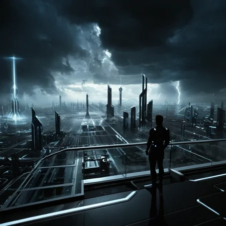 cinematic film still of <lora:add-detail-xl:0.1>1
<lora:detailed:0.3> realism
<lora:perfection style:0.2> perfect
<lora:eyetune:0.6>
<lora:xl_more_art-full_v1:0.1>
<lora:Ron Fricke style:0.3>
<lora:Unreal Engine style:0.3>
<lora:TeethXL:0.3>
<lora:Chiaroscuro Lighting Style:0.3> Chiaroscuro Lighting Style
<lora:Tron style:1>
In a futuristic sci-fi glowing world a futuristic city with a dark sky and a few clouds,monochrome,outdoors,sky,cloud,no humans,cloudy sky,building,scenery,rain,dark,lightning , action movie themed, science fiction movie themed, sharp, detailed, epic cinematic photography, artistic, dramatic light, cinematic color style, Kodak film style, Tron style, shallow depth of field, vignette, highly detailed, high budget, bokeh, cinemascope, moody, epic, gorgeous, film grain, grainy