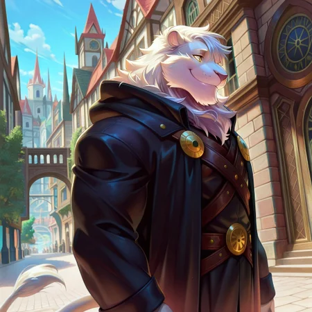 safe_pos, nviek, 1boy, solo, portrait, smile, furry male, lion boy, (white fur:1.1), yellow eyes, lion ear, lion tail, (open black coat:1.1), (fantasy city:1.1), day, looking forward, cowboy shot, masterpiece, best quality, amazing quality