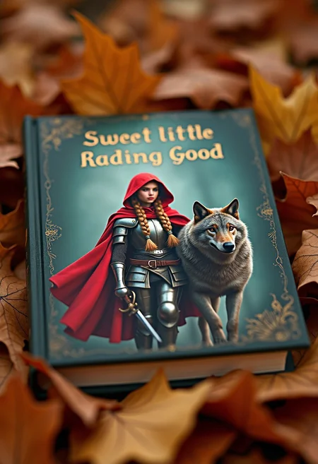 The book is lying on autumn leaves, close-up. The cover of the book depicts an adult Red Riding Hood in knight's armor, with sword, a red hood pulled over her eyes, golden hair braided in two large braids. Behind her, Grandma has taken the gray wolf away and is carrying it on her shoulder.
The inscription on the book in gold letters
It is legible: "Sweet little red Riding Hood."