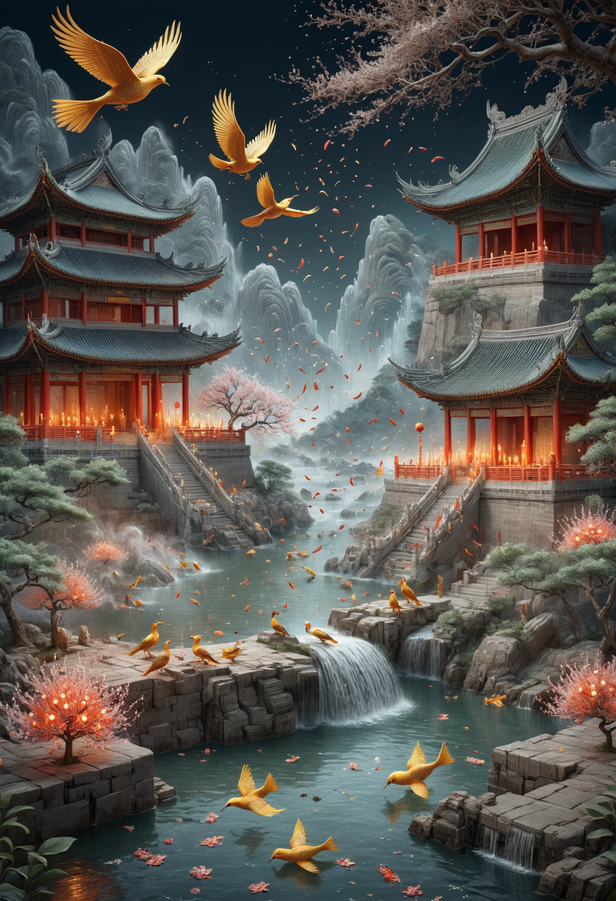 DonMW4v3F0rm5XL lunar newyear, Gongbi, Detailed brushwork often depicting birds and flowers, Bustling, Kumquat trees, Symbolizing wealth and good luck, Fish, Served whole for abundance and prosperity, Temples, Busy with worshippers praying for good fortune, surrounded by incense smoke and festive decorations, Fireworks and firecrackers, Candle holders, Shaped in traditional symbols or animals of the Chinese zodiac <lora:DonMW4v3F0rm5XL-000008:1>