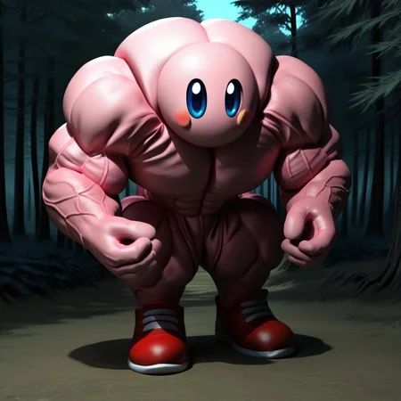 score_9,rating_safe,mydaz,solo,1kirby,no humans,Kirby, dark blue eyes, pink body, blush, red shoes,outdoors,forest,hypermuscular