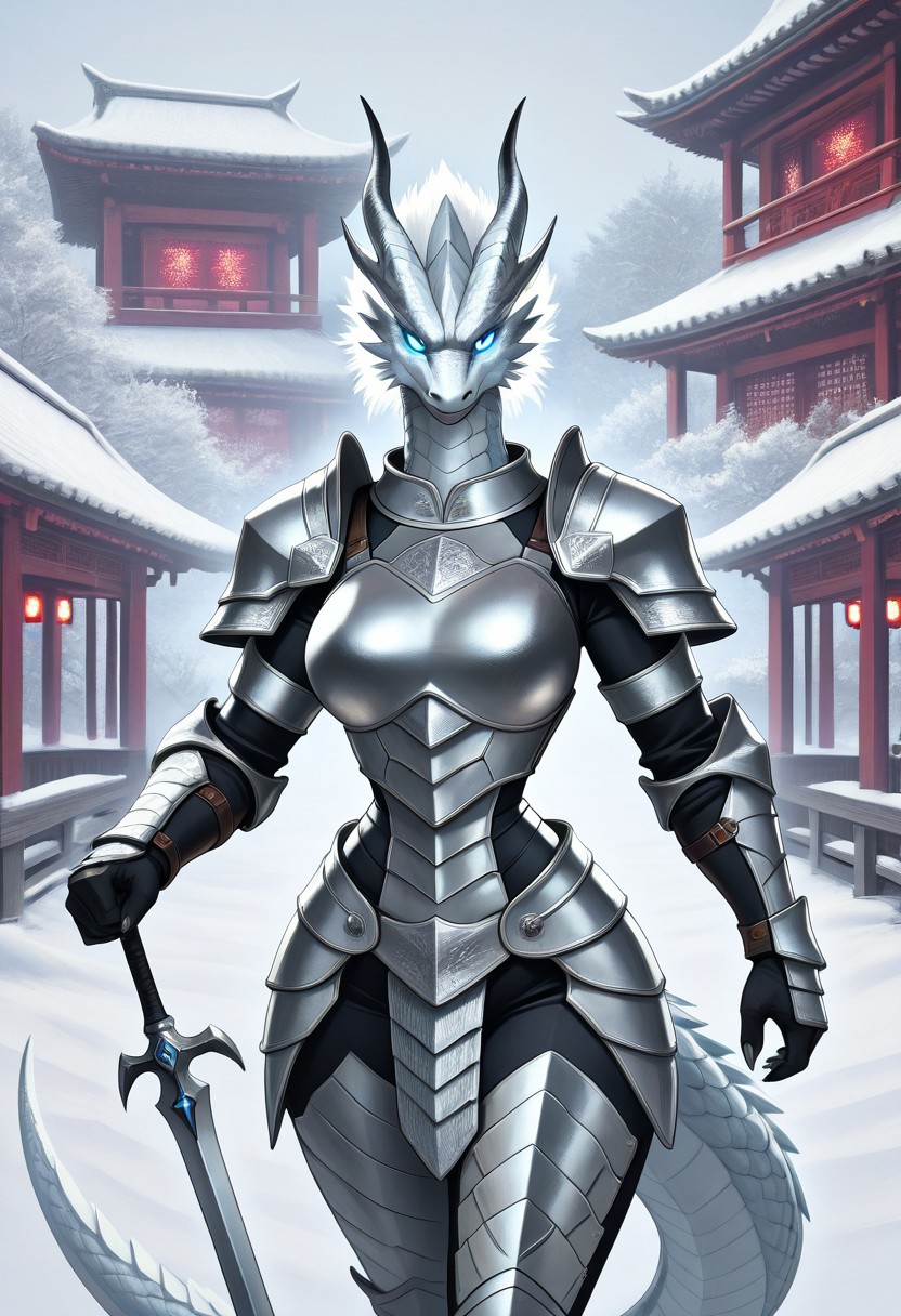 animal christmas, solo, no humans, A female dragon, (heroic pose, from front:1.2), looking at viewer, serious, dragon head, dragon face, (detailed eyes, bright pupils, glowing eyes:1.2), oval shaped face, fur hair, white hair, dragon scales, (full armor, full snows armor, armored, snows  shoulder armor, breastplate, holding snows  sword), (armor made of snows, scales armor:1.15), large breasts, narrow waist, wide hips, dragon tail, outdoors, east asian architecture, falling snows , winter, set in the ancient china, in a secluded temple, hidden in the mountains, with winding paths, stunning views, masterpiece, best quality,