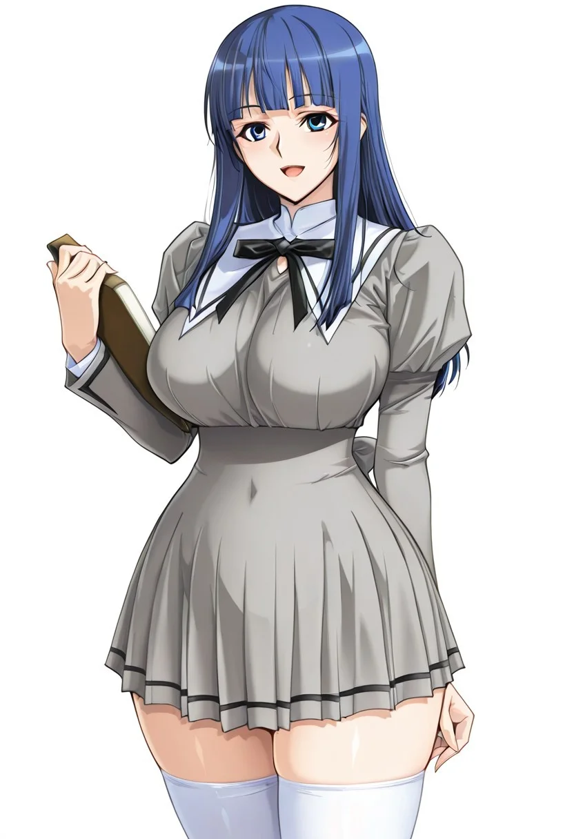 score_9,score_8_up,score_7_up,source_anime,5_figner,2d_animation,game cg,BREKE,1girl,solo,
Fuutou Shizune,long hair,blue eyes, blue hair,blunt bangs,large breasts,saggy breasts,
school uniform,long sleeves,shoes,white thighhighs,zettai ryouiki,neck ribbon,pleated skirt,juliet sleeves,light gray dress,hold on textbook,
smile,cowboyshot,openmouth,
simple background,white background,
masterpiece,best qualit,ultra-detailed,illustration,an extremely delicate and beautiful,beautiful detailed eyes,unity 8k wallpaper,high resolution,anime CG,official_art,Erotic_style, uncensored, anime_coloring, anime_screencap,