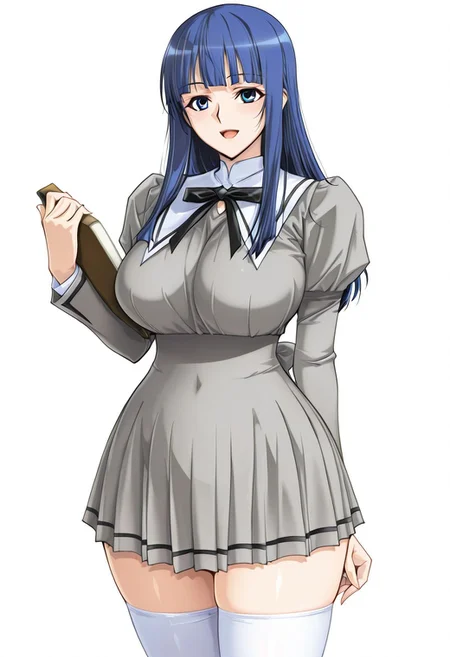score_9,score_8_up,score_7_up,source_anime,5_figner,2d_animation,game cg,BREKE,1girl,solo,
Fuutou Shizune,long hair,blue eyes, blue hair,blunt bangs,large breasts,saggy breasts,
school uniform,long sleeves,shoes,white thighhighs,zettai ryouiki,neck ribbon,pleated skirt,juliet sleeves,light gray dress,hold on textbook,
smile,cowboyshot,openmouth,
simple background,white background,
masterpiece,best qualit,ultra-detailed,illustration,an extremely delicate and beautiful,beautiful detailed eyes,unity 8k wallpaper,high resolution,anime CG,official_art,Erotic_style, uncensored, anime_coloring, anime_screencap,