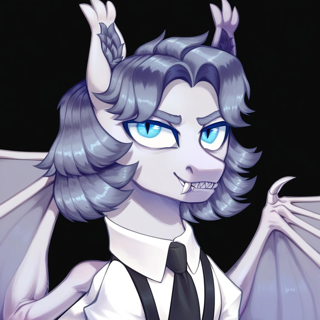 score_9_up, score_8_up, score_7_up, score_6_up, (best quality:1.1), ultra-detailed, high resolution, solo, Armed_Sage, bat pony, bat pony oc, mlp, feral, male, white fur, gray hair, gray mane, medium hair, animal ears, fluffy ears, ear fluff, blue eyes, long eyelashes, smirk, sharp teeth, fangs, looking at viewer, business attire, white shirt, black tie, upper body, portrait, simple background, highly visible, sharp focus, anatomically correct