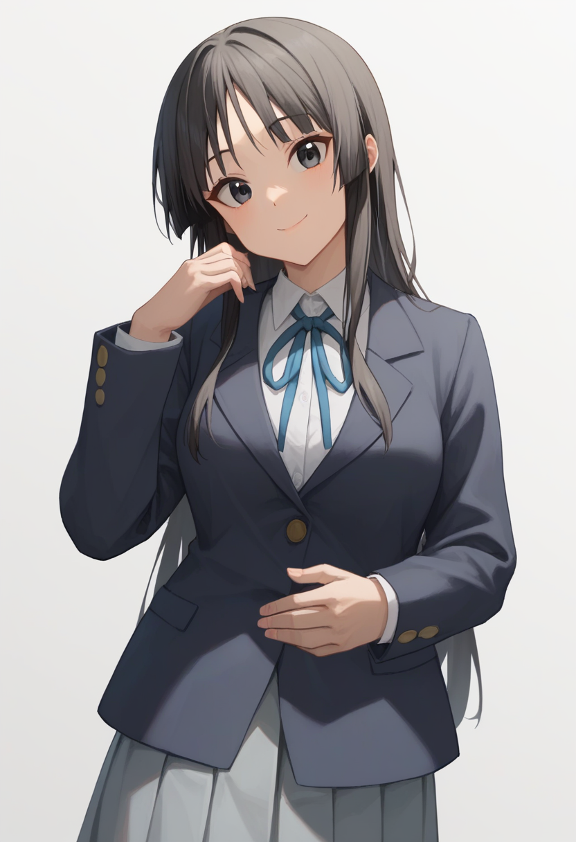 score_9,score_8_up,score_7_up,<lora:akiyama_mio_pony:1>,akiyama_mio, blue_ribbon, grey_skirt, simple_background, pleated_skirt, 1girl, winter_uniform, black_jacket, closed_mouth, long_sleeves, white_background, head_tilt, open_jacket, sidelocks, smile, collared_shirt, neck_ribbon, white_shirt, looking_at_viewer, solo, sakuragaoka_high_school_uniform, blazer,