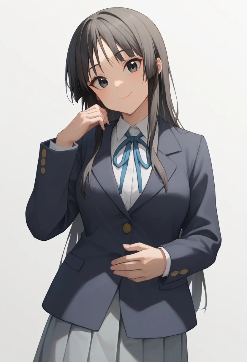 score_9,score_8_up,score_7_up,<lora:akiyama_mio_pony:1>,akiyama_mio, blue_ribbon, grey_skirt, simple_background, pleated_skirt, 1girl, winter_uniform, black_jacket, closed_mouth, long_sleeves, white_background, head_tilt, open_jacket, sidelocks, smile, collared_shirt, neck_ribbon, white_shirt, looking_at_viewer, solo, sakuragaoka_high_school_uniform, blazer,