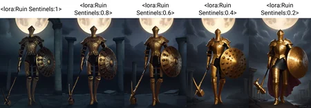 masterpiece, best quality, realistic, photorealistic, newest, ruins, pillar, night, gold moon, dark clouds, star \(sky\), starry sky, outdoors, uielis, 1other, solo, full body, gold helmet, covered face, gold breastplate, gold shoulder armor, gold gauntlets, gold faulds, gold greaves, chainmail, holding shield, holding war hammer, <lora:Ruin Sentinels:1>