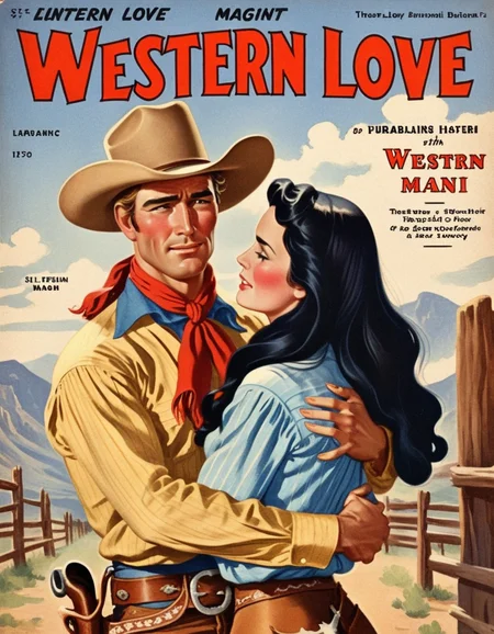 hud_plp_mag, (english text title, "WESTERN LOVE"), woman with long black hair embracing a cowboy man, love, retro artstyle, magazine cover, parody, <lora:pulp_mag_xl:0.6>,