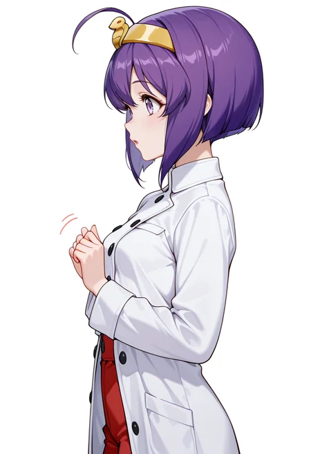 Smooth Quality,masterpiece,very intricate, high quality details, ultra realistic, high detailed skin,detailed enviorement,absurdres,
curled fingers,
 <lora:Medusa_CNR:0.8> medusa_cnr,  1girl, purple hair, short hair, ahoge, bangs,purple eyes, small breasts, hairband, egyptian,, excited,, simple background, white background, from side,solo,, anorak,  ,doctor coat,  ,flared pants,  ,