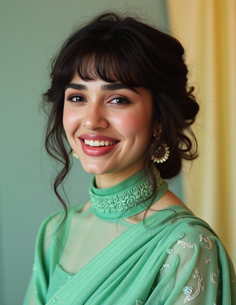 headshot photo of kr1t1 sh3tty woman, hyper realistic photo that is safe for work, laughing, studio quality image with natural colors, well dressed wearing intricate turtleneck Mint Green Saree, hair styled as  wispy fringe,muted pastel shaded multicolored background that contrasts with the person, cinematic lighting,âââââ  <lora:kr1t1_sh3tty_Kriti_Shetty_Flux_Kohya_V1:1>âââ