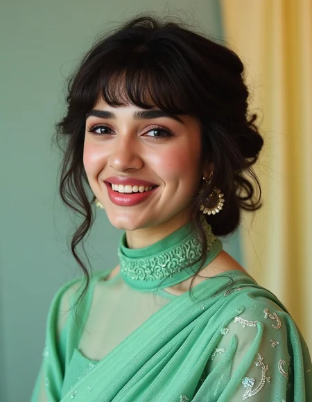 headshot photo of kr1t1 sh3tty woman, hyper realistic photo that is safe for work, laughing, studio quality image with natural colors, well dressed wearing intricate turtleneck Mint Green Saree, hair styled as  wispy fringe,muted pastel shaded multicolored background that contrasts with the person, cinematic lighting,âââââ  <lora:kr1t1_sh3tty_Kriti_Shetty_Flux_Kohya_V1:1>âââ
