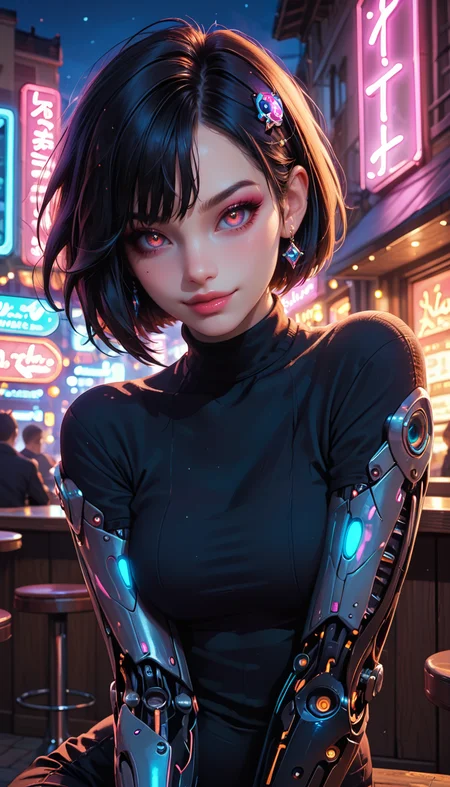 score_9, score_8_up, score_7_up, Portrait, mechanical girl, cute, seductive, innocent, light smile:0.3, plump lips, slender body, punk hair, short hair, (mechanical arms), black body, glowing led parts, ornaments detailed, sitting outside a pub, neon lights, bright colors, street night background, 4n1v3rs3, depth of field, dynamic angle, fashion photography, sharp, hyperdetailed:1.15