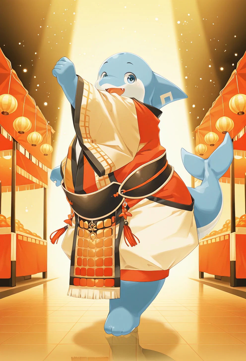 ultra-HD, intricate textures, luminous lighting, cinematic ambiance, shimmering gradients, ethereal glow, deep contrast, soft volumetric fog, subtle particles, radiant reflections, rich color tones, <lora:noto-v2-10:1> t-noto, dolphin boy, male focus, 1boy, chubby, japanese clothes, dancing, festival,