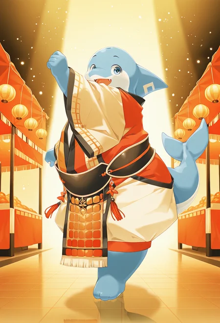 ultra-HD, intricate textures, luminous lighting, cinematic ambiance, shimmering gradients, ethereal glow, deep contrast, soft volumetric fog, subtle particles, radiant reflections, rich color tones, <lora:noto-v2-10:1> t-noto, dolphin boy, male focus, 1boy, chubby, japanese clothes, dancing, festival,