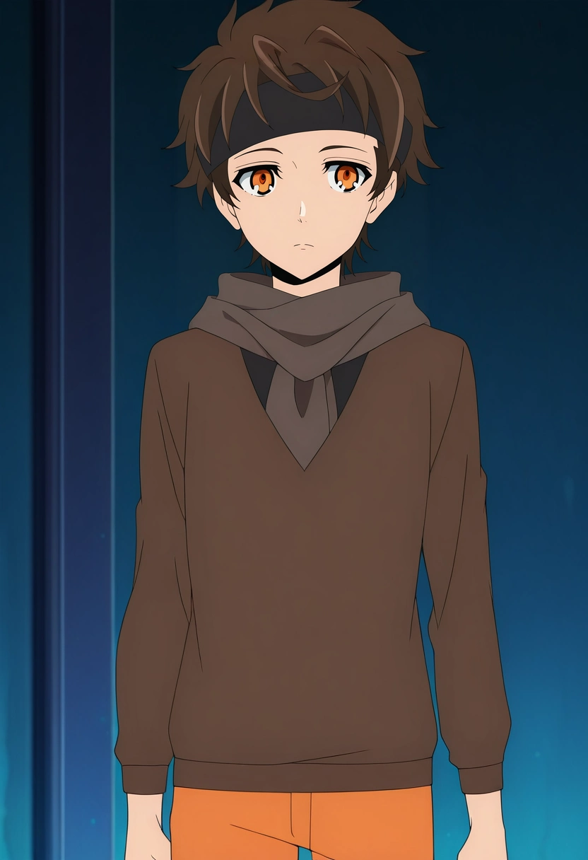 masterpiece, best quality, anime screencap, official style, anime coloring, cowboy shot, 1boy, solo, male focus, <lora:twenty-fifth_bam_ilxl:1>, twenty-fifth_bam, brown hair, orange eyes, short hair, headband, scarf