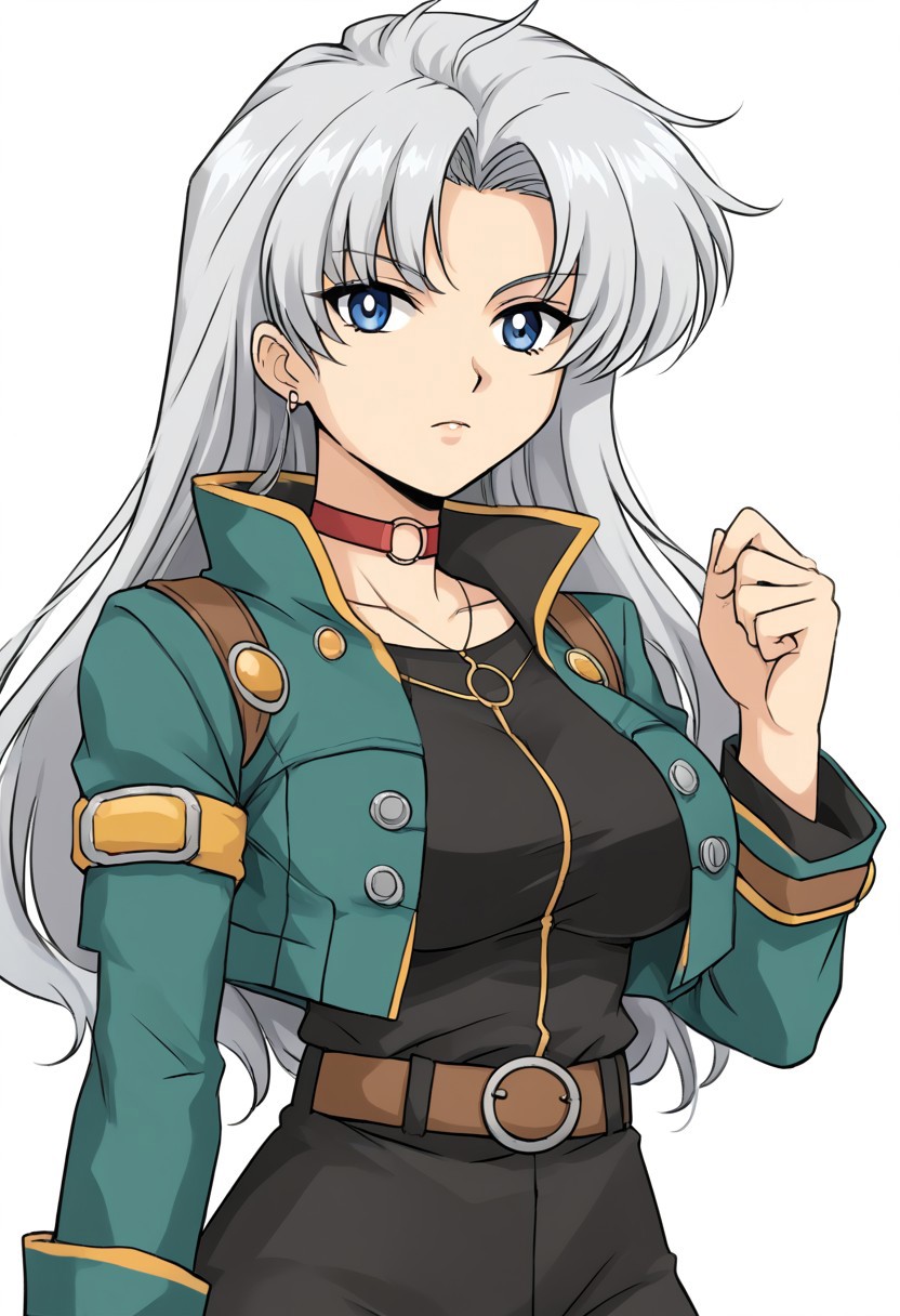 simple background, white background, 
Retro Anime Flat Colors, black outline, 
female, solo, upper body, 
Ca1v1na, breasts, silver hair, long hair, blue eyes, large breasts, choker, jewelry, belt, necklace, green jacket, black shirt, black skirt,