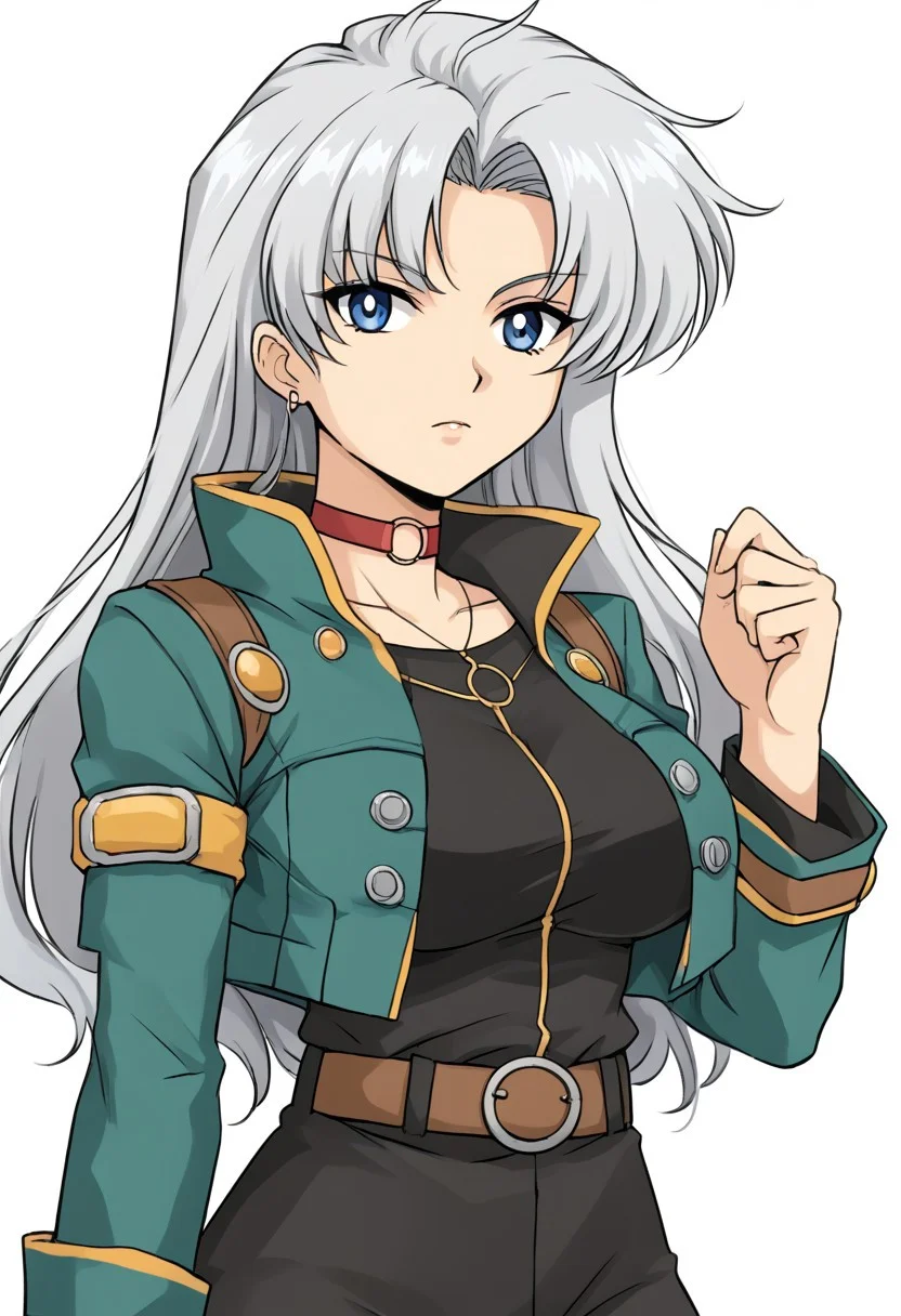 simple background, white background,
Retro Anime Flat Colors, black outline,
female, solo, upper body,
Ca1v1na, breasts, silver hair, long hair, blue eyes, large breasts, choker, jewelry, belt, necklace, green jacket, black shirt, black skirt,