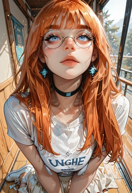 masterpiece, absurdres,amazing quality, best quality, extremely detailed, 1girl, solo,white button shirt, orange hair, hime cut, long hair, blue eyes, freckles, large breasts, choker, white skirt, round glasses, earrings, thick eyebrows, eyelashes, white shoes, perspective, depth of field, sagging breasts,
<lora:DetailedEyes_V3:1> <lora:USNR_STYLE_ILL_V1_lokr3:0.45> usnr <lora:ponyv6_noobV1_2_adamW:0.9> <lora:GENESIS_MK0.2:0.5> <lora:KoreanStyleSDXLvpred10:1> AiKoreanStyle, lips, korean, asian <lora:KRGRL-IL:1>