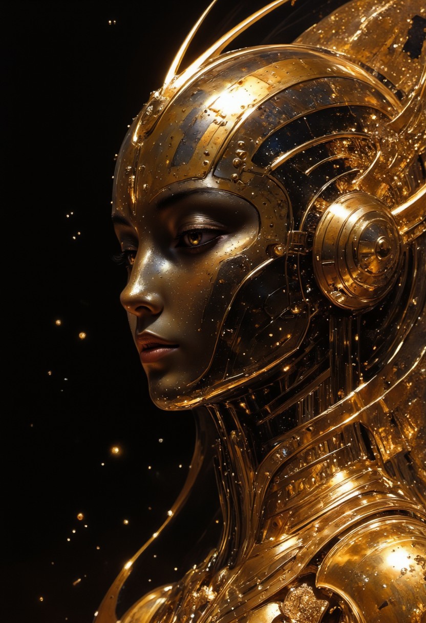 A detailed close-up of a woman's face, with golden skin and golden powder hair. She has glowing, iridescent golden eyes that seem to shimmer with cosmic energy. Her skin is speckled with tiny, glowing particles that resemble stars. She wears a golden dress. Her lips are glossy and gorgeous, while her expression is calm and otherworldly.  The image is set against a deep starry night sky, with flecks of light mimicking distant stars, creating a cosmic and surreal atmosphere. The style is highly detailed, with a digital art feel, using a vibrant palette of blacks and glowing yellows. Soft, dreamlike lighting enhances the mysterious and celestial mood of the image.  <lora:artisketchyfs-v02:0.83> <lora:FLUXRetroSciV3:0.53> RetroSci style, <lora:flux.1_lora_flyway_Epic-Characters_v1:0.43>