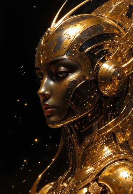 A detailed close-up of a woman's face, with golden skin and golden powder hair. She has glowing, iridescent golden eyes that seem to shimmer with cosmic energy. Her skin is speckled with tiny, glowing particles that resemble stars. She wears a golden dress. Her lips are glossy and gorgeous, while her expression is calm and otherworldly.  The image is set against a deep starry night sky, with flecks of light mimicking distant stars, creating a cosmic and surreal atmosphere. The style is highly detailed, with a digital art feel, using a vibrant palette of blacks and glowing yellows. Soft, dreamlike lighting enhances the mysterious and celestial mood of the image.  <lora:artisketchyfs-v02:0.83> <lora:FLUXRetroSciV3:0.53> RetroSci style, <lora:flux.1_lora_flyway_Epic-Characters_v1:0.43>