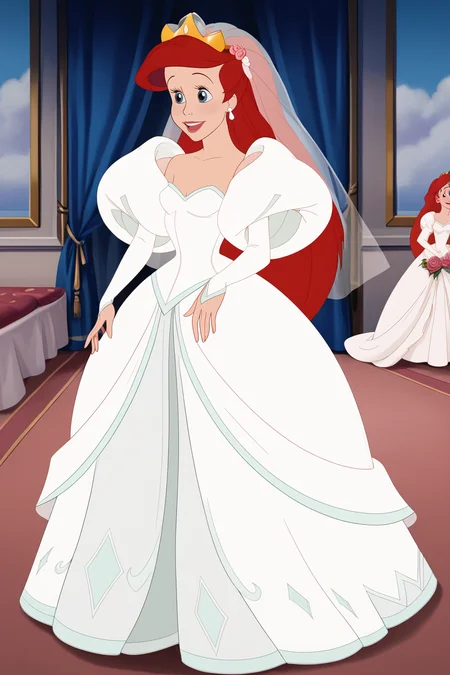 score_9, score_8_up, score_7_up, score_6_up, score_5_up, score_4_up, BREAK, <lora:Ariel_2-000006:1>, 1girl, Ariel, red hair, wedding outfit, wedding dress, crown, bridal veil, bridal gloves, puffy sleeves, long sleeves, full body