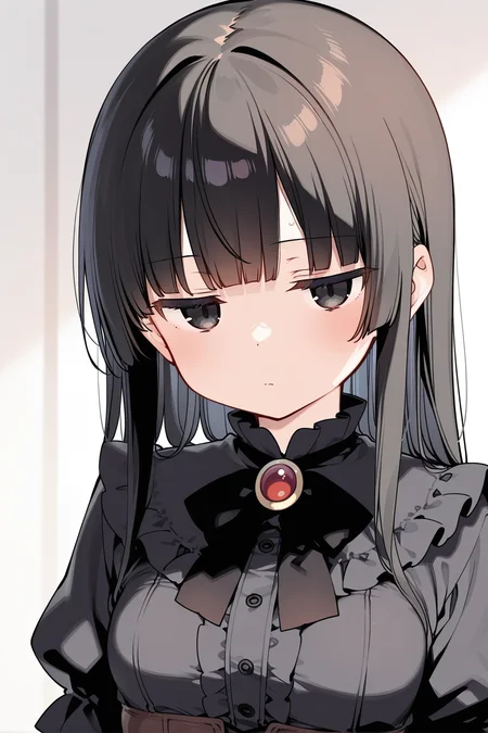 1girl, bangs, black bow, black eyes, black hair, blush, bow, bowtie, breasts, eyebrows visible through hair, long hair, long sleeves, looking at viewer, parted lips, solo, sweat, upper body, jitome <lora:sanpaku_v1:1>