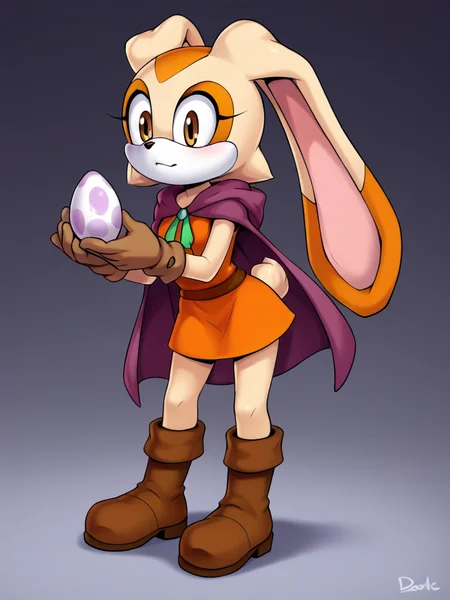 score_9, score_8_up, score_7_up, <lora:Cream_the_Rabbit_Pony:0.8> cre4mth3r4bb1t, Furry, furry female, animal ears, animal nose, rabbit ears, rabbit girl, tail, brown gloves, multicolored fur, orange dress, mauve cloak, brown boots, trimmed dress, <lora:Bianca_the_bunny_PonyXL:0.5> short dress, hooded cloak, holding a purple dragon egg,
