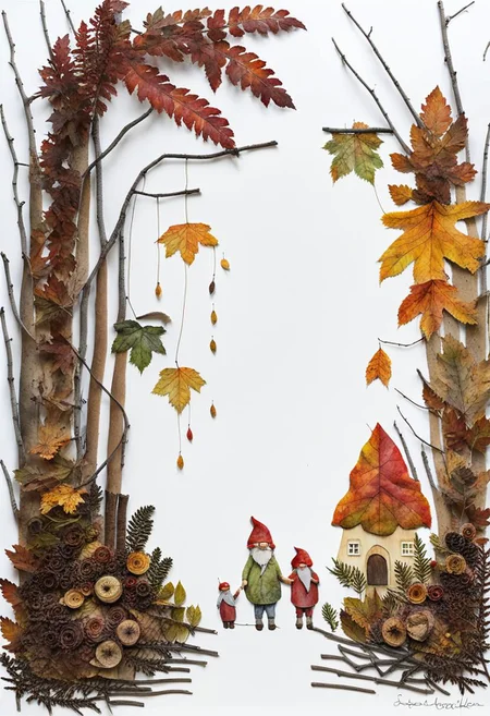 fall leaf craft, a gnome village in forest decorated with leaves and flowers and twigs, watercolor and ink and perfect autumn leaves, beech, liquidamber, acer, #photography, mixed media, photoshop, photorealistic