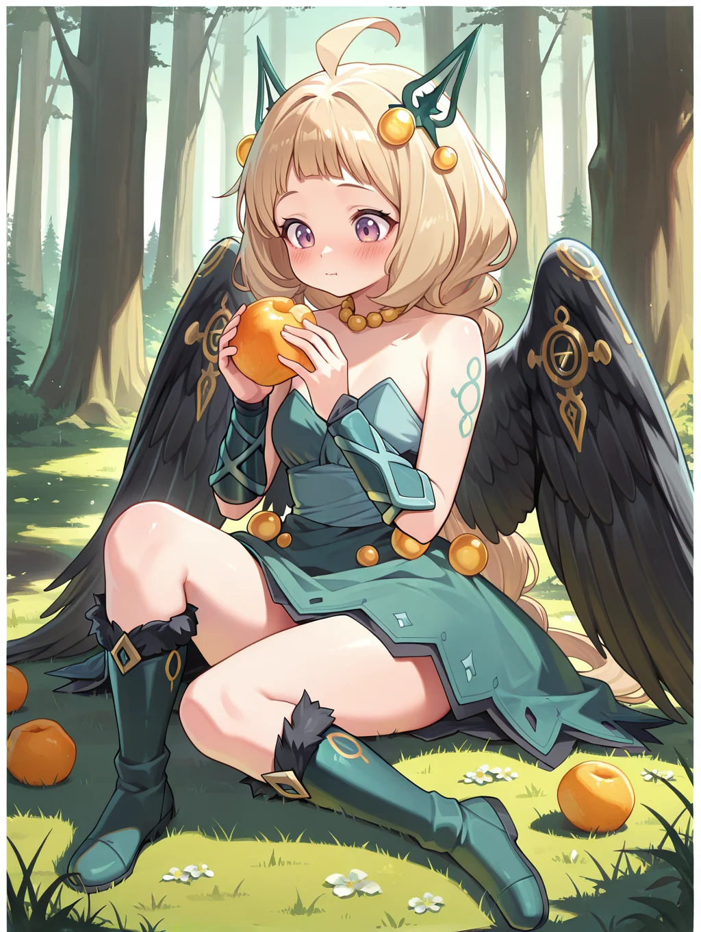 hugin the runick wings,1girl,solo,green strapless dress,sitting,yellow necklace,green knee boots,grass,full body,blush,green hair ornament,green vambraces,simple background,closed mouth,holding fruit,minigirl,forest,white border,
masterpiece,best quality,amazing quality,very aesthetic,absurdres,newest,<lora:Hugin the runick wings illuXL v1:0.75>,