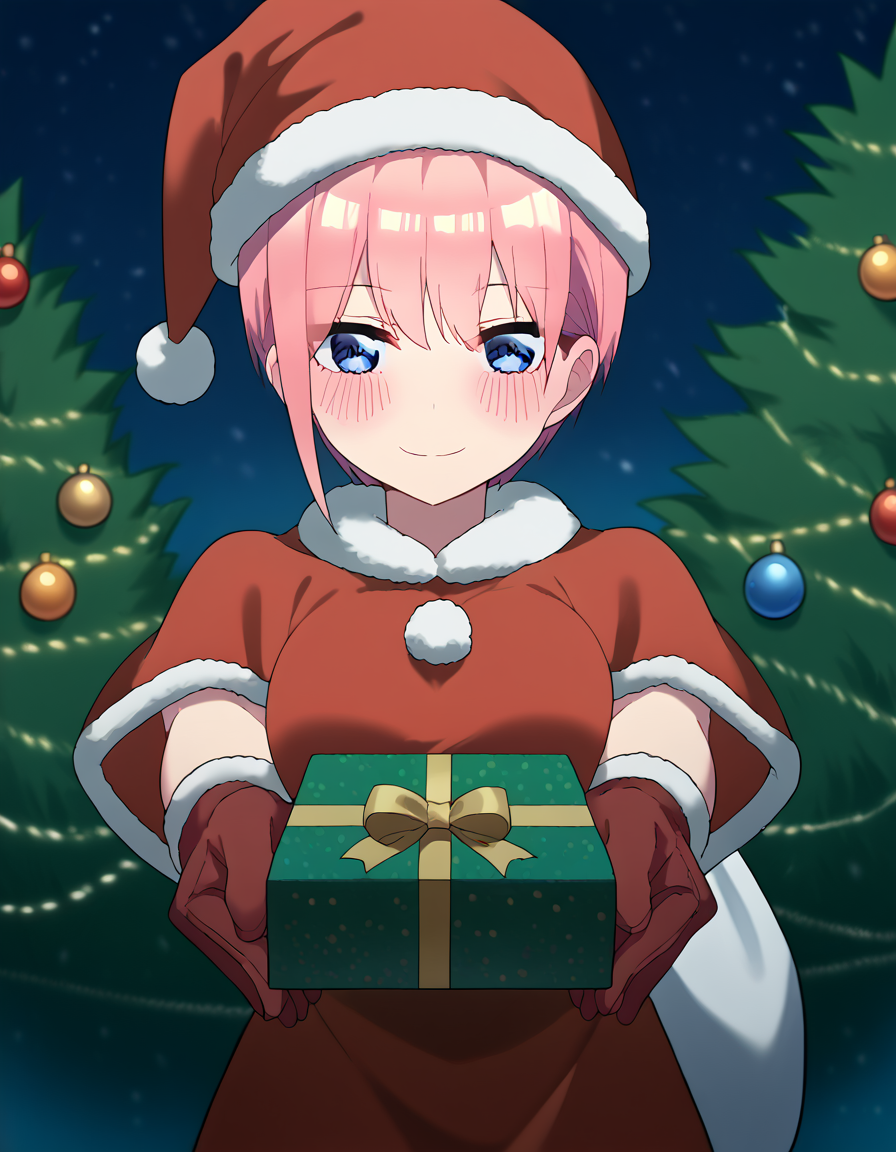 score_9, score_8_up, score_7_up, source_anime, <lora:ichika-nakano-s2-ponyxl-lora-nochekaiser:1>, ichika nakano, short hair, bangs, blue eyes, hair between eyes, pink hair, pixie cut, large breasts, <lora:santa-costume-ponyxl-lora-nochekaiser:1>, santa costume, santa hat, christmas, sack, merry christmas, gift, fur-trimmed headwear, holding sack, santa dress, fur-trimmed dress, christmas tree, christmas tree, fur trim, red capelet, gift box, red gloves, fur-trimmed capelet, santa gloves, red hat, hat,, smile, blush, looking at viewer, <lora:incoming-gift-ponyxl-lora-nochekaiser:1>, incoming gift, outstretched arms, holding, holding gift, gift, gift box,,