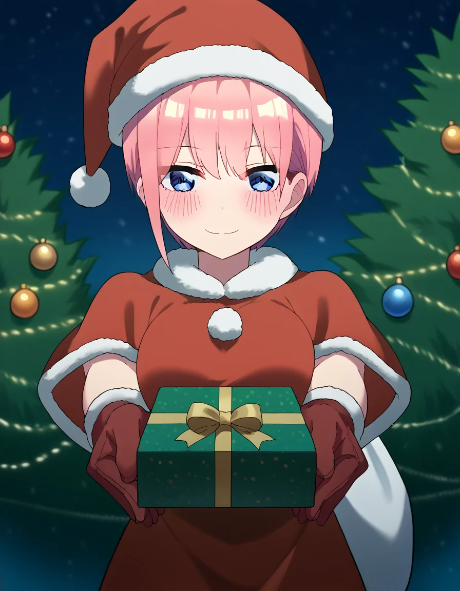 score_9, score_8_up, score_7_up, source_anime, <lora:ichika-nakano-s2-ponyxl-lora-nochekaiser:1>, ichika nakano, short hair, bangs, blue eyes, hair between eyes, pink hair, pixie cut, large breasts, <lora:santa-costume-ponyxl-lora-nochekaiser:1>, santa costume, santa hat, christmas, sack, merry christmas, gift, fur-trimmed headwear, holding sack, santa dress, fur-trimmed dress, christmas tree, christmas tree, fur trim, red capelet, gift box, red gloves, fur-trimmed capelet, santa gloves, red hat, hat,, smile, blush, looking at viewer, <lora:incoming-gift-ponyxl-lora-nochekaiser:1>, incoming gift, outstretched arms, holding, holding gift, gift, gift box,,