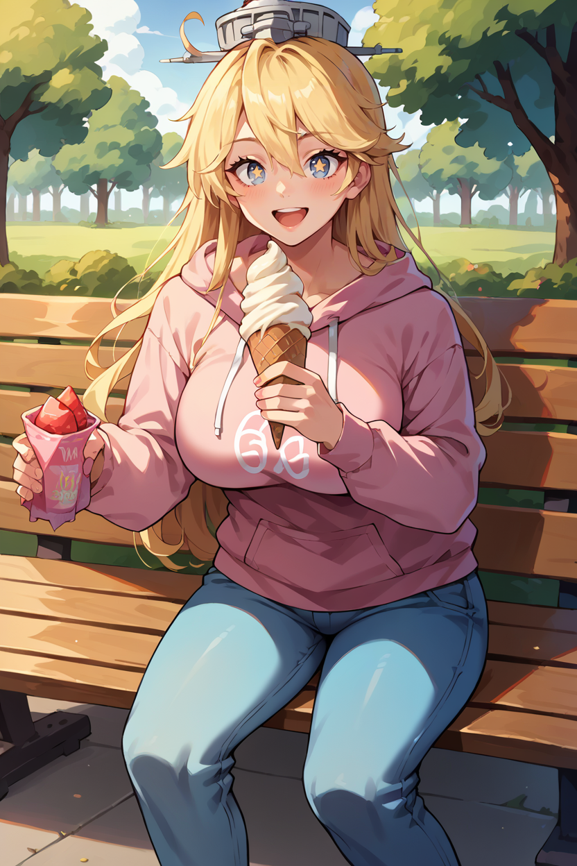 score_9, score_8_up, score_7_up, score_6_up, source_anime BREAK 1girl, solo <lora:iowa-pdxl-nvwls-v1-000005:1> defIowa, blonde hair, star-shaped pupils, headgear, large breasts, pink hoodie, blue pants, happy, holding ice cream, bench, sitting, park